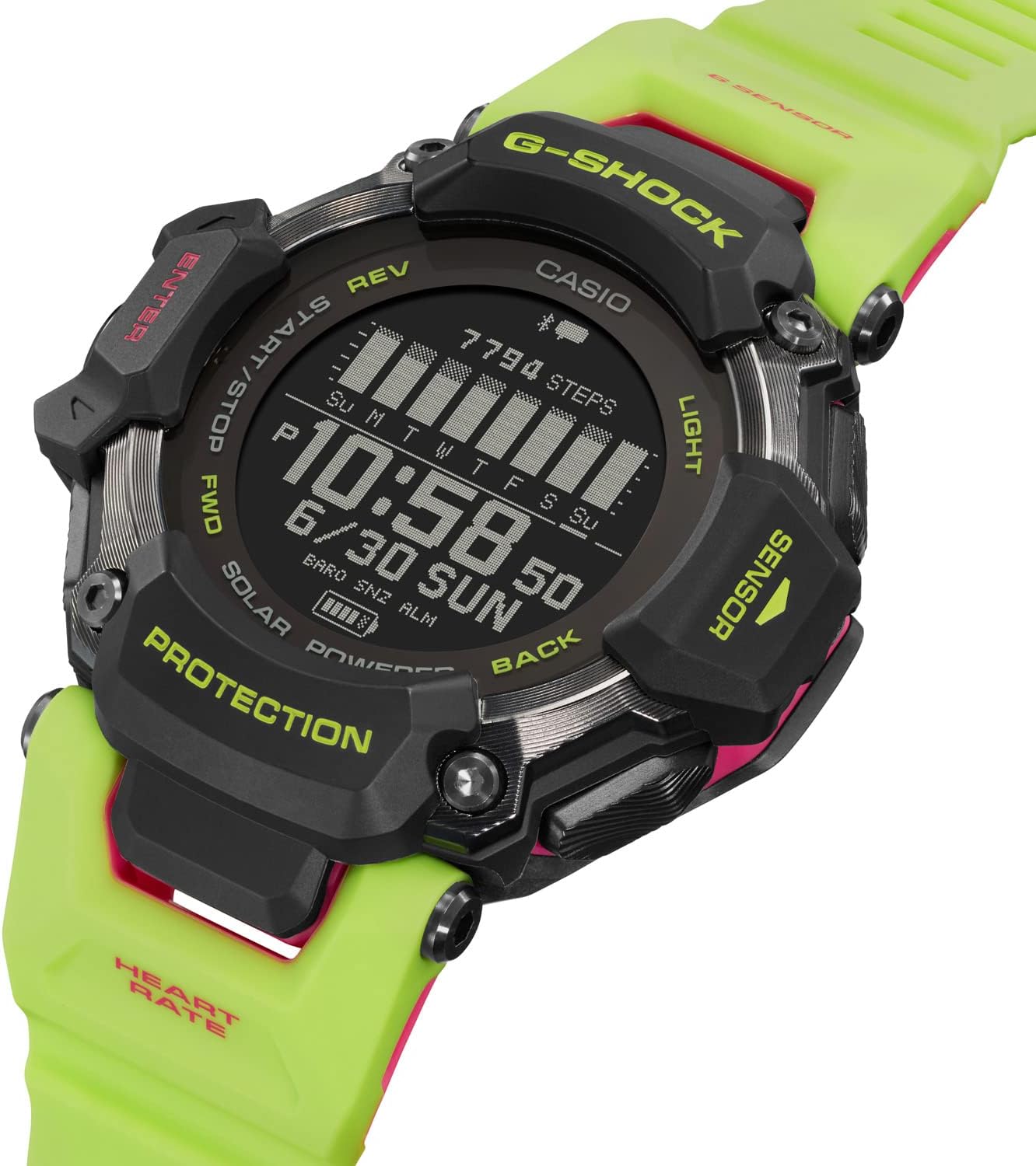 Casio Men's G-Shock Move GBD-H2000 Series, Multisport (Run, Bike, Swim, Gym Workout), GPS + Heart Rate Watch, Quartz Solar Assisted Black Watch with Volt Yellow Resin Strap