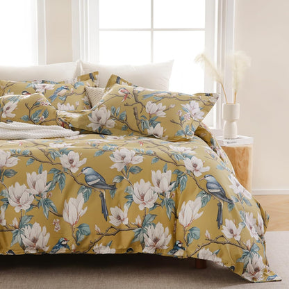 Floral 100% Cotton Duvet Cover Queen Size,Flowers and Birds Pattern Reversible Comforter Cover with Zipper Closure,Soft 3 Pieces Yellow White Spring Theme Bedding Set with 2 Pillow Shams