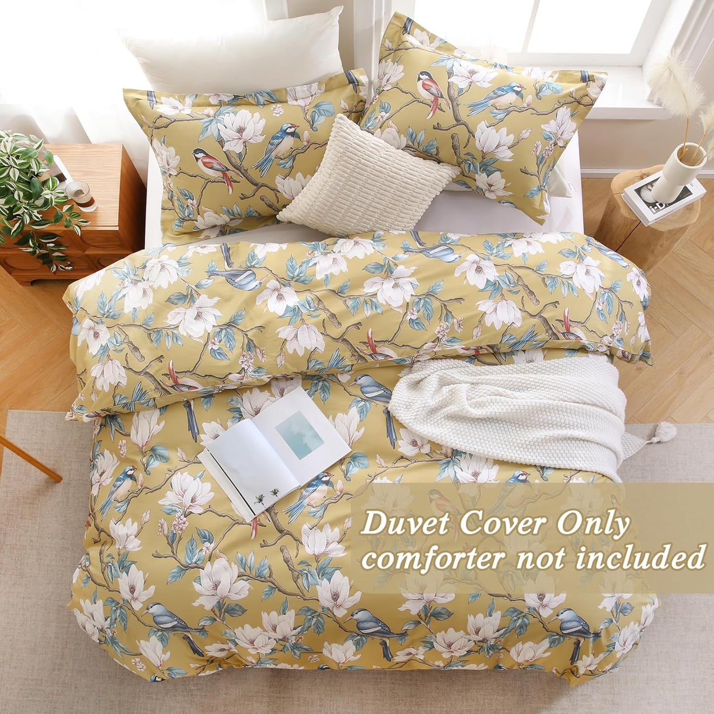 Floral 100% Cotton Duvet Cover Queen Size,Flowers and Birds Pattern Reversible Comforter Cover with Zipper Closure,Soft 3 Pieces Yellow White Spring Theme Bedding Set with 2 Pillow Shams