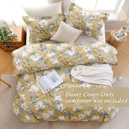 Floral 100% Cotton Duvet Cover Queen Size,Flowers and Birds Pattern Reversible Comforter Cover with Zipper Closure,Soft 3 Pieces Yellow White Spring Theme Bedding Set with 2 Pillow Shams