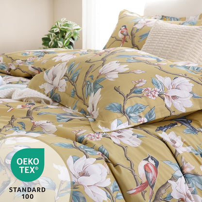 Floral 100% Cotton Duvet Cover Queen Size,Flowers and Birds Pattern Reversible Comforter Cover with Zipper Closure,Soft 3 Pieces Yellow White Spring Theme Bedding Set with 2 Pillow Shams