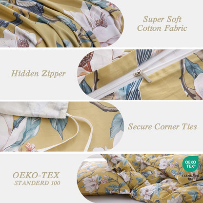 Floral 100% Cotton Duvet Cover Queen Size,Flowers and Birds Pattern Reversible Comforter Cover with Zipper Closure,Soft 3 Pieces Yellow White Spring Theme Bedding Set with 2 Pillow Shams