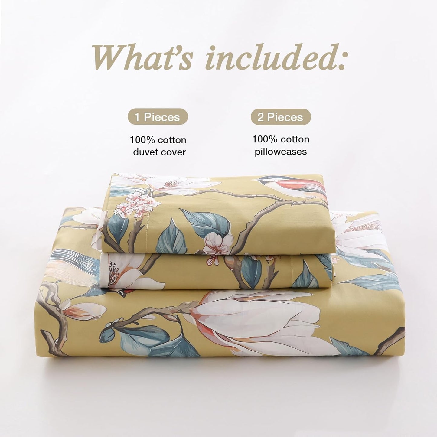 Floral 100% Cotton Duvet Cover Queen Size,Flowers and Birds Pattern Reversible Comforter Cover with Zipper Closure,Soft 3 Pieces Yellow White Spring Theme Bedding Set with 2 Pillow Shams