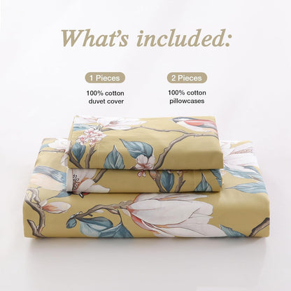 Floral 100% Cotton Duvet Cover Queen Size,Flowers and Birds Pattern Reversible Comforter Cover with Zipper Closure,Soft 3 Pieces Yellow White Spring Theme Bedding Set with 2 Pillow Shams