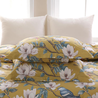 Floral 100% Cotton Duvet Cover Queen Size,Flowers and Birds Pattern Reversible Comforter Cover with Zipper Closure,Soft 3 Pieces Yellow White Spring Theme Bedding Set with 2 Pillow Shams
