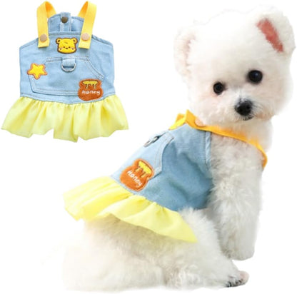 Small Dog Denim Dress with D-Ring & Cute Pattern Girl Puppy Dress Harness Female Dog Clothes Cute Cat Denim Jacket Holiday Pet Outfit for Chihuahua Yorkie Poodle (Yellow, Small)