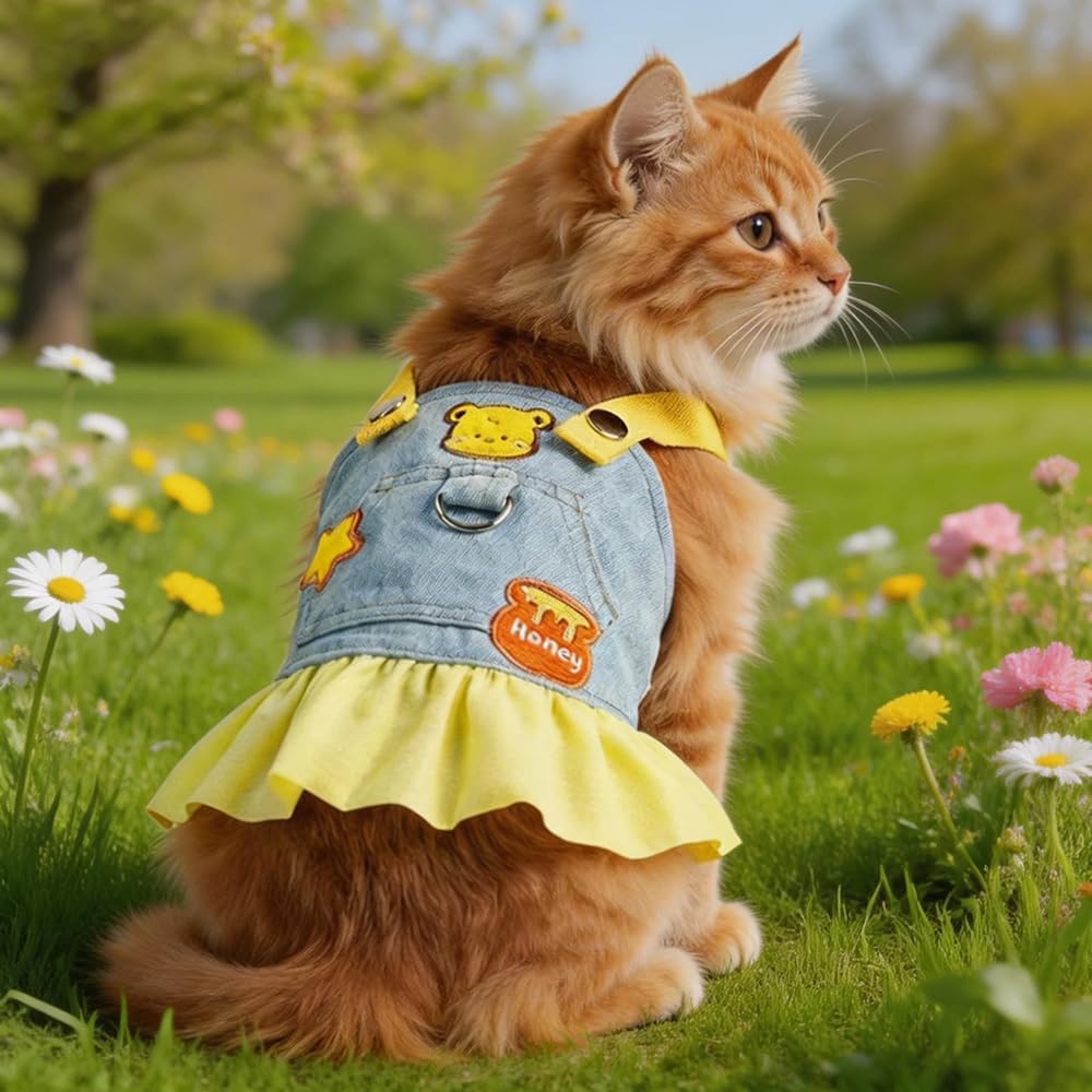Small Dog Denim Dress with D-Ring & Cute Pattern Girl Puppy Dress Harness Female Dog Clothes Cute Cat Denim Jacket Holiday Pet Outfit for Chihuahua Yorkie Poodle (Yellow, Small)