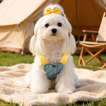 Small Dog Denim Dress with D-Ring & Cute Pattern Girl Puppy Dress Harness Female Dog Clothes Cute Cat Denim Jacket Holiday Pet Outfit for Chihuahua Yorkie Poodle (Yellow, Small)