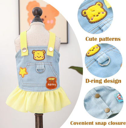Small Dog Denim Dress with D-Ring & Cute Pattern Girl Puppy Dress Harness Female Dog Clothes Cute Cat Denim Jacket Holiday Pet Outfit for Chihuahua Yorkie Poodle (Yellow, Small)