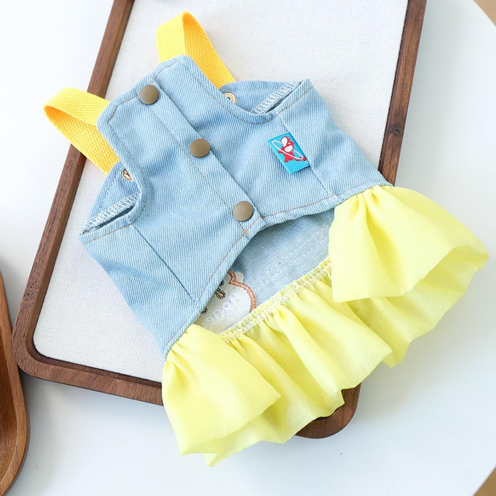 Small Dog Denim Dress with D-Ring & Cute Pattern Girl Puppy Dress Harness Female Dog Clothes Cute Cat Denim Jacket Holiday Pet Outfit for Chihuahua Yorkie Poodle (Yellow, Small)