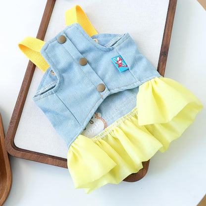Small Dog Denim Dress with D-Ring & Cute Pattern Girl Puppy Dress Harness Female Dog Clothes Cute Cat Denim Jacket Holiday Pet Outfit for Chihuahua Yorkie Poodle (Yellow, Small)