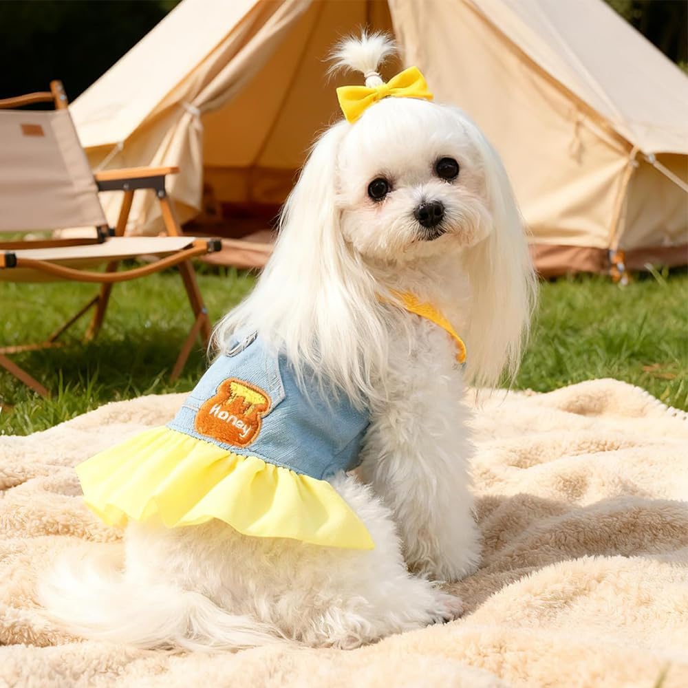 Small Dog Denim Dress with D-Ring & Cute Pattern Girl Puppy Dress Harness Female Dog Clothes Cute Cat Denim Jacket Holiday Pet Outfit for Chihuahua Yorkie Poodle (Yellow, Small)