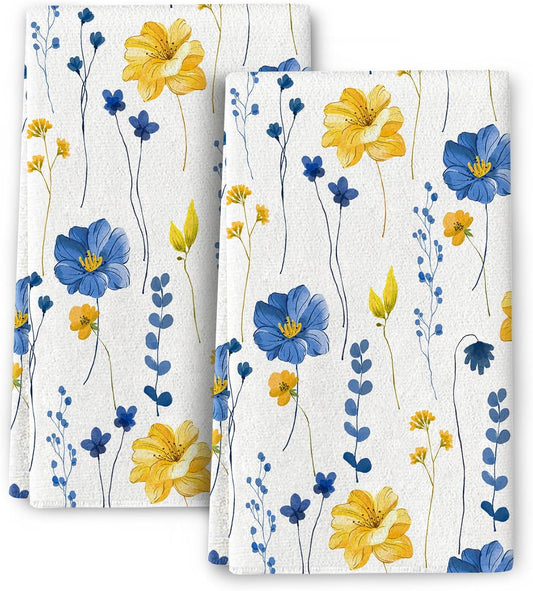 Blue Yellow Flower Kitchen Dish Towels Set of 2, Soft Absorbent Watercolor Floral Hand Towel Tea Towels for Kitchen Spring Summer Home Decor,Housewarming Gifts for New Home Women, 16x24 inch