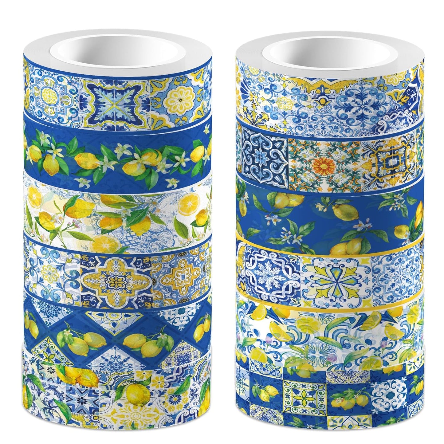 Adirasenotek Lemon Washi Tape 12 Rolls, Blue Tiles Yellow Lemon Printed Decorative Washi Tape Set, DIY Art Crafts Wrapping Decor for Gifts Wrapping,Wedding Bridal Shower