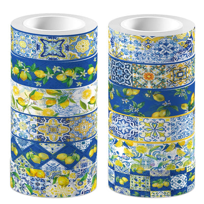 Adirasenotek Lemon Washi Tape 12 Rolls, Blue Tiles Yellow Lemon Printed Decorative Washi Tape Set, DIY Art Crafts Wrapping Decor for Gifts Wrapping,Wedding Bridal Shower