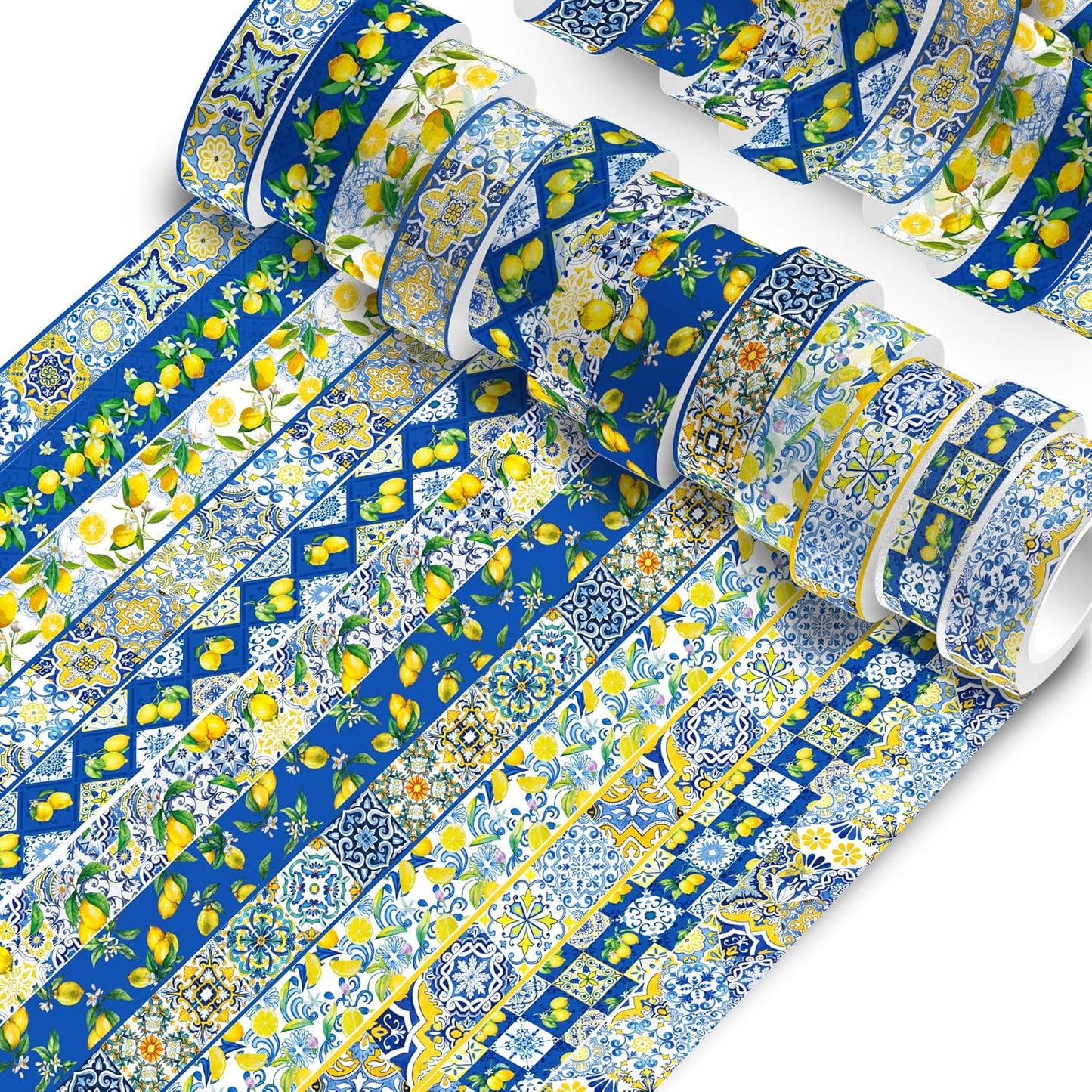 Adirasenotek Lemon Washi Tape 12 Rolls, Blue Tiles Yellow Lemon Printed Decorative Washi Tape Set, DIY Art Crafts Wrapping Decor for Gifts Wrapping,Wedding Bridal Shower