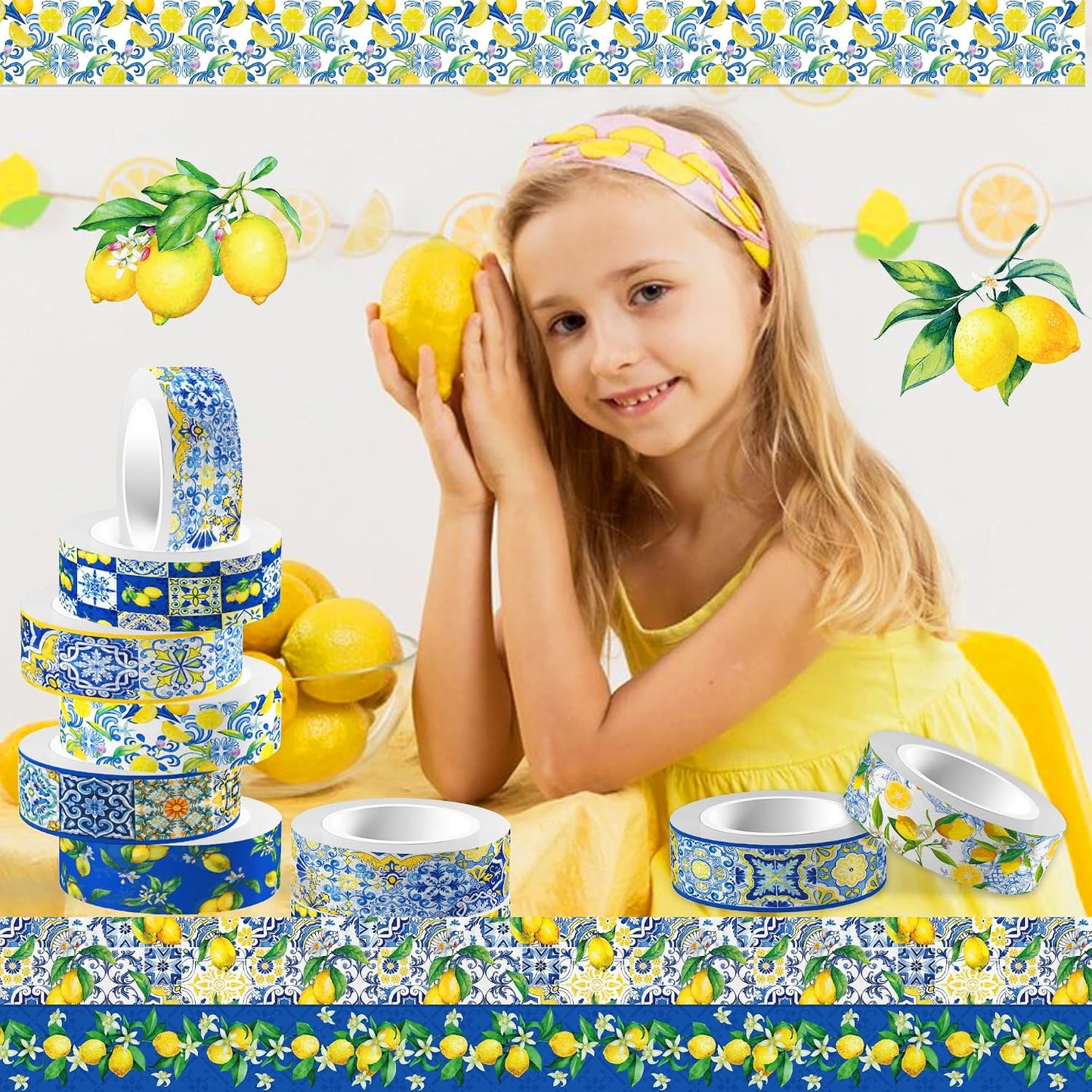 Adirasenotek Lemon Washi Tape 12 Rolls, Blue Tiles Yellow Lemon Printed Decorative Washi Tape Set, DIY Art Crafts Wrapping Decor for Gifts Wrapping,Wedding Bridal Shower