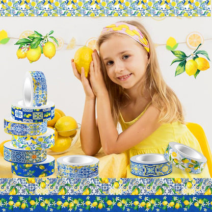 Adirasenotek Lemon Washi Tape 12 Rolls, Blue Tiles Yellow Lemon Printed Decorative Washi Tape Set, DIY Art Crafts Wrapping Decor for Gifts Wrapping,Wedding Bridal Shower