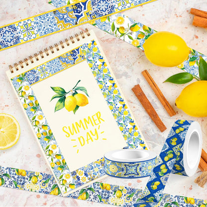 Adirasenotek Lemon Washi Tape 12 Rolls, Blue Tiles Yellow Lemon Printed Decorative Washi Tape Set, DIY Art Crafts Wrapping Decor for Gifts Wrapping,Wedding Bridal Shower