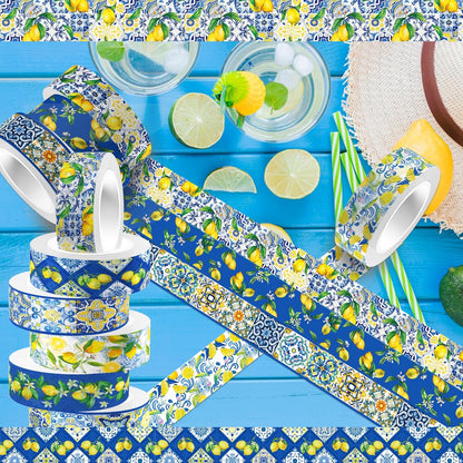 Adirasenotek Lemon Washi Tape 12 Rolls, Blue Tiles Yellow Lemon Printed Decorative Washi Tape Set, DIY Art Crafts Wrapping Decor for Gifts Wrapping,Wedding Bridal Shower