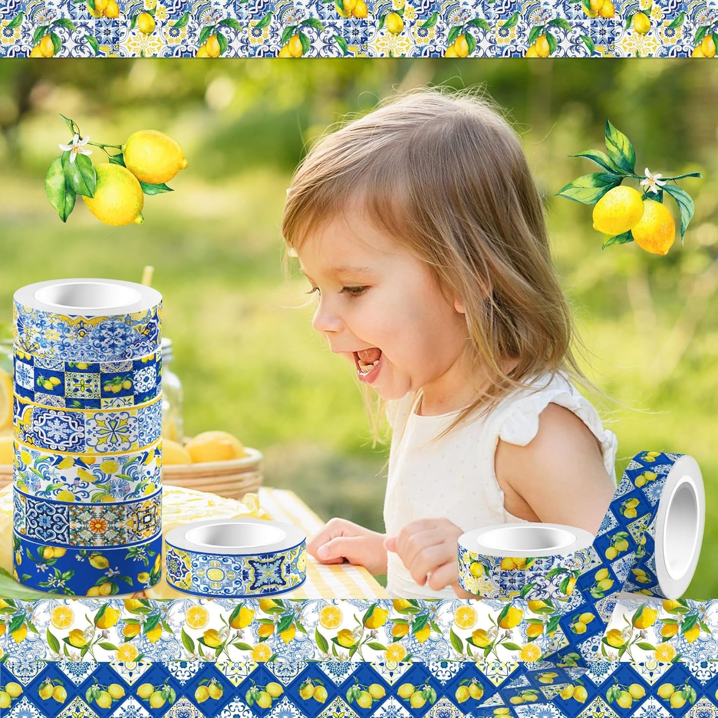 Adirasenotek Lemon Washi Tape 12 Rolls, Blue Tiles Yellow Lemon Printed Decorative Washi Tape Set, DIY Art Crafts Wrapping Decor for Gifts Wrapping,Wedding Bridal Shower