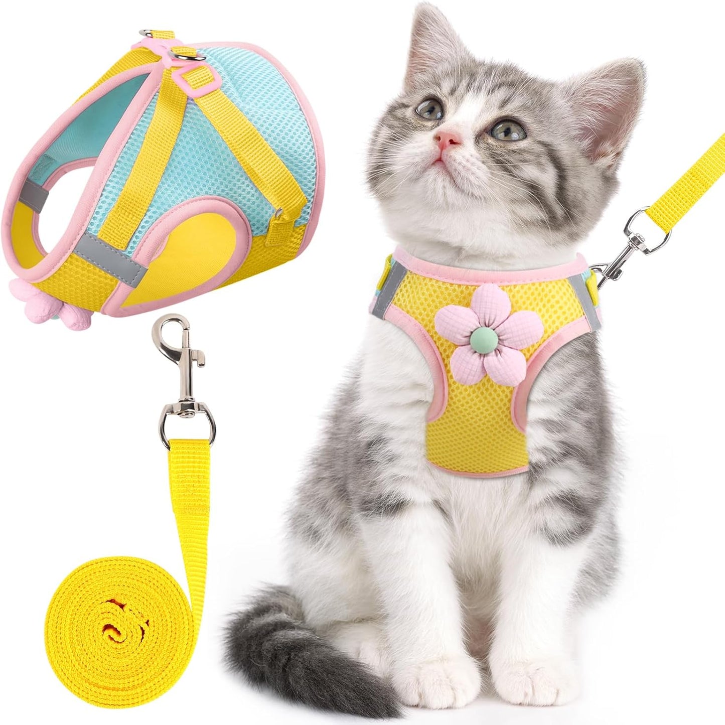 Cat Harness and Leash Set, Escape Proof Soft Vest Walk Yellow XS | Adjustable, Easy Wear, Breathable Comfy Mesh, Reflective Strips, Sturdy Clip Buckle Flower Harness for Cats Kitty Puppy Bunny