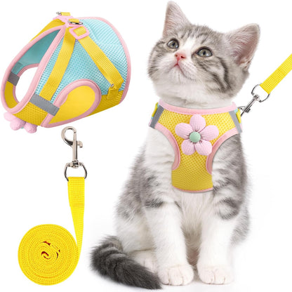 Cat Harness and Leash Set, Escape Proof Soft Vest Walk Yellow XS | Adjustable, Easy Wear, Breathable Comfy Mesh, Reflective Strips, Sturdy Clip Buckle Flower Harness for Cats Kitty Puppy Bunny