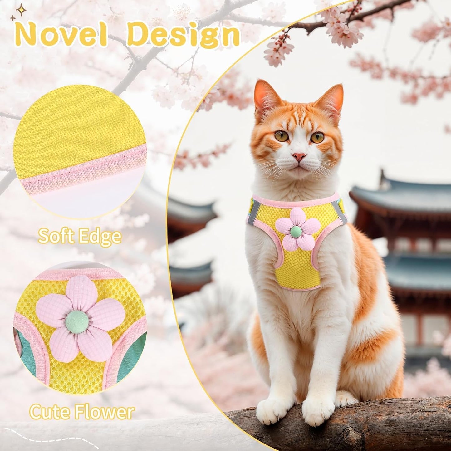 Cat Harness and Leash Set, Escape Proof Soft Vest Walk Yellow XS | Adjustable, Easy Wear, Breathable Comfy Mesh, Reflective Strips, Sturdy Clip Buckle Flower Harness for Cats Kitty Puppy Bunny