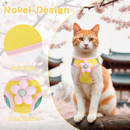Cat Harness and Leash Set, Escape Proof Soft Vest Walk Yellow XS | Adjustable, Easy Wear, Breathable Comfy Mesh, Reflective Strips, Sturdy Clip Buckle Flower Harness for Cats Kitty Puppy Bunny