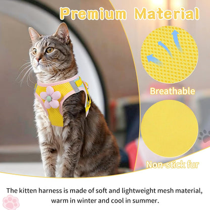 Cat Harness and Leash Set, Escape Proof Soft Vest Walk Yellow XS | Adjustable, Easy Wear, Breathable Comfy Mesh, Reflective Strips, Sturdy Clip Buckle Flower Harness for Cats Kitty Puppy Bunny