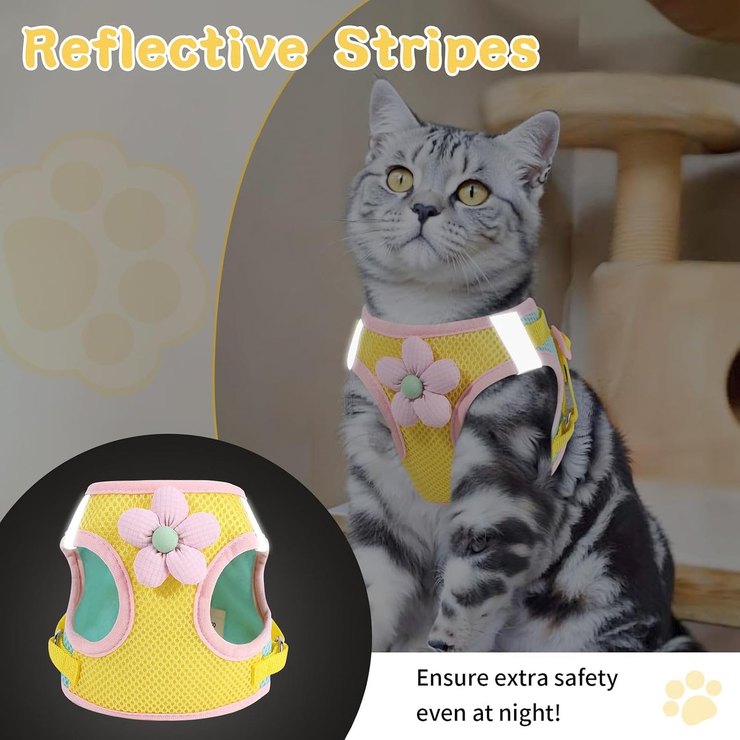 Cat Harness and Leash Set, Escape Proof Soft Vest Walk Yellow XS | Adjustable, Easy Wear, Breathable Comfy Mesh, Reflective Strips, Sturdy Clip Buckle Flower Harness for Cats Kitty Puppy Bunny