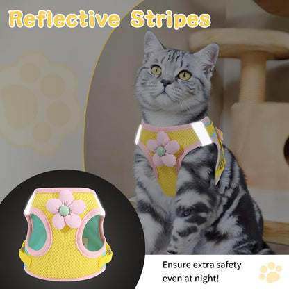 Cat Harness and Leash Set, Escape Proof Soft Vest Walk Yellow XS | Adjustable, Easy Wear, Breathable Comfy Mesh, Reflective Strips, Sturdy Clip Buckle Flower Harness for Cats Kitty Puppy Bunny