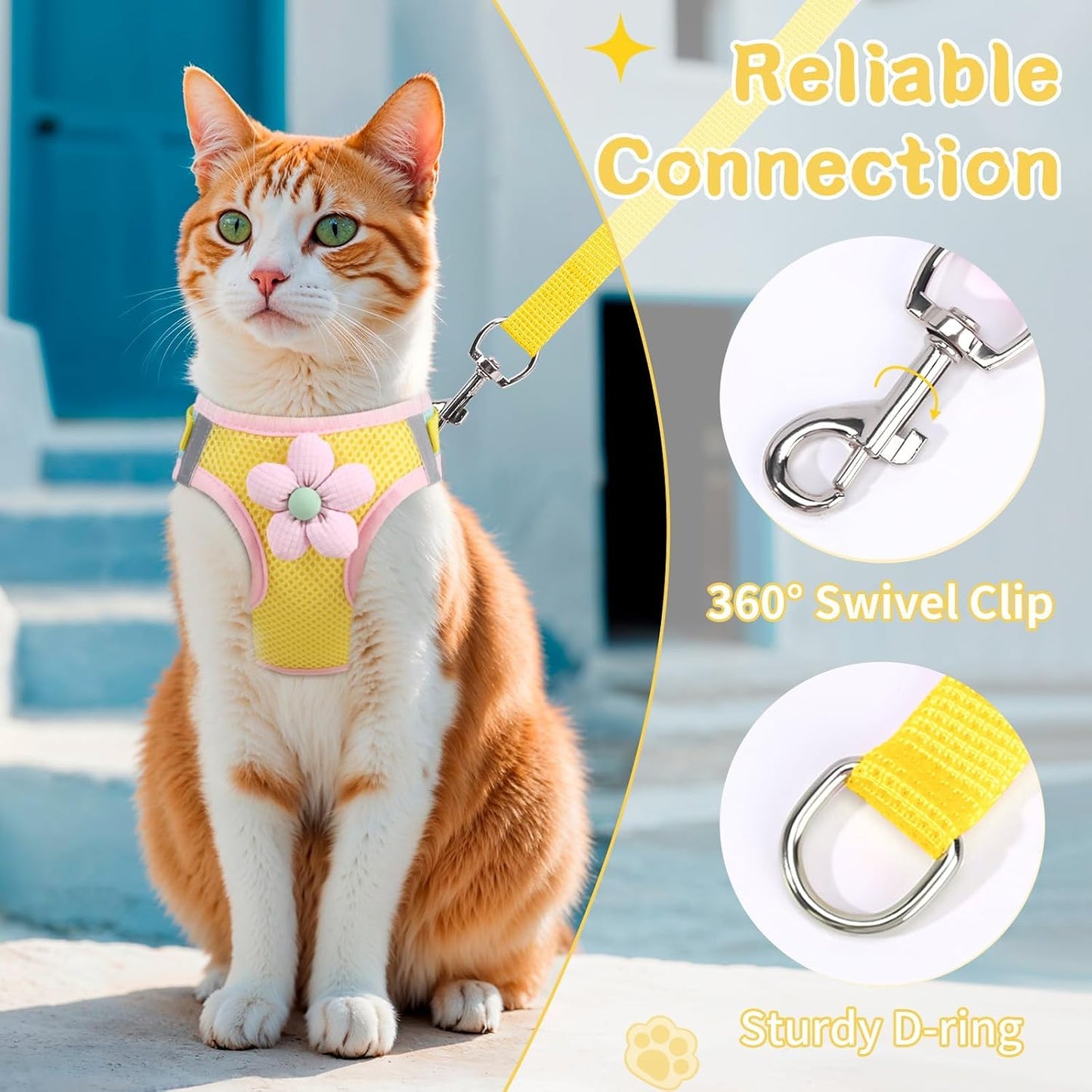 Cat Harness and Leash Set, Escape Proof Soft Vest Walk Yellow XS | Adjustable, Easy Wear, Breathable Comfy Mesh, Reflective Strips, Sturdy Clip Buckle Flower Harness for Cats Kitty Puppy Bunny