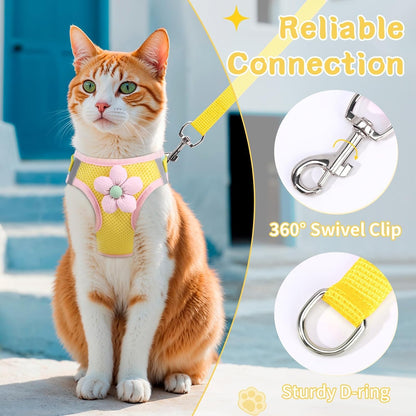Cat Harness and Leash Set, Escape Proof Soft Vest Walk Yellow XS | Adjustable, Easy Wear, Breathable Comfy Mesh, Reflective Strips, Sturdy Clip Buckle Flower Harness for Cats Kitty Puppy Bunny