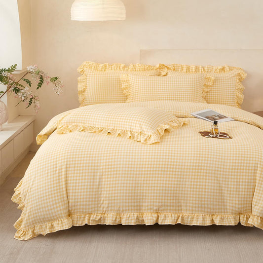Gingham Duvet Cover Twin Size, Yellow Bedding, Farmhouse French Country Style for Bed Decor, 2PCS - Ruffle Duvet Cover 66x90 Inch and 1 Pillowcase, Vintage Shabby Chic Plaid Checkered