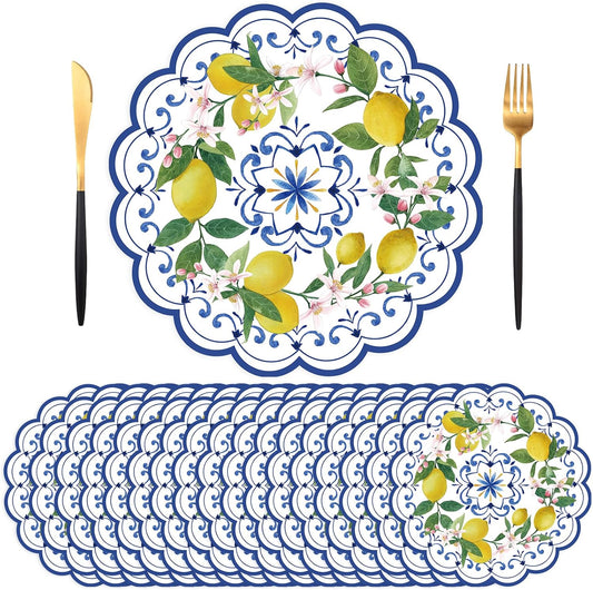 50PCS Lemon Paper Placemats Disposable,13.7 Inch Blue Chinoiserie Lemon Floral Placemat Round Place Mats Summer Table Mats for Home Kitchen Dinner Table Dining Party Decoration