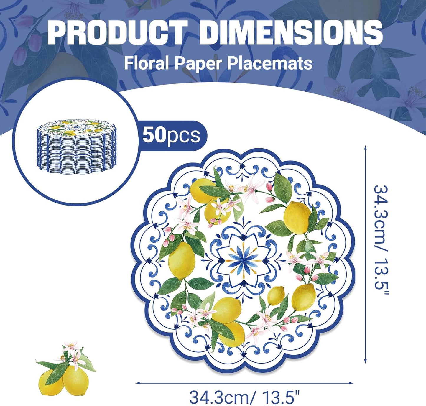 50PCS Lemon Paper Placemats Disposable,13.7 Inch Blue Chinoiserie Lemon Floral Placemat Round Place Mats Summer Table Mats for Home Kitchen Dinner Table Dining Party Decoration