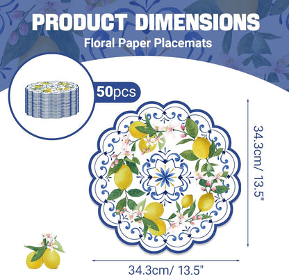 50PCS Lemon Paper Placemats Disposable,13.7 Inch Blue Chinoiserie Lemon Floral Placemat Round Place Mats Summer Table Mats for Home Kitchen Dinner Table Dining Party Decoration