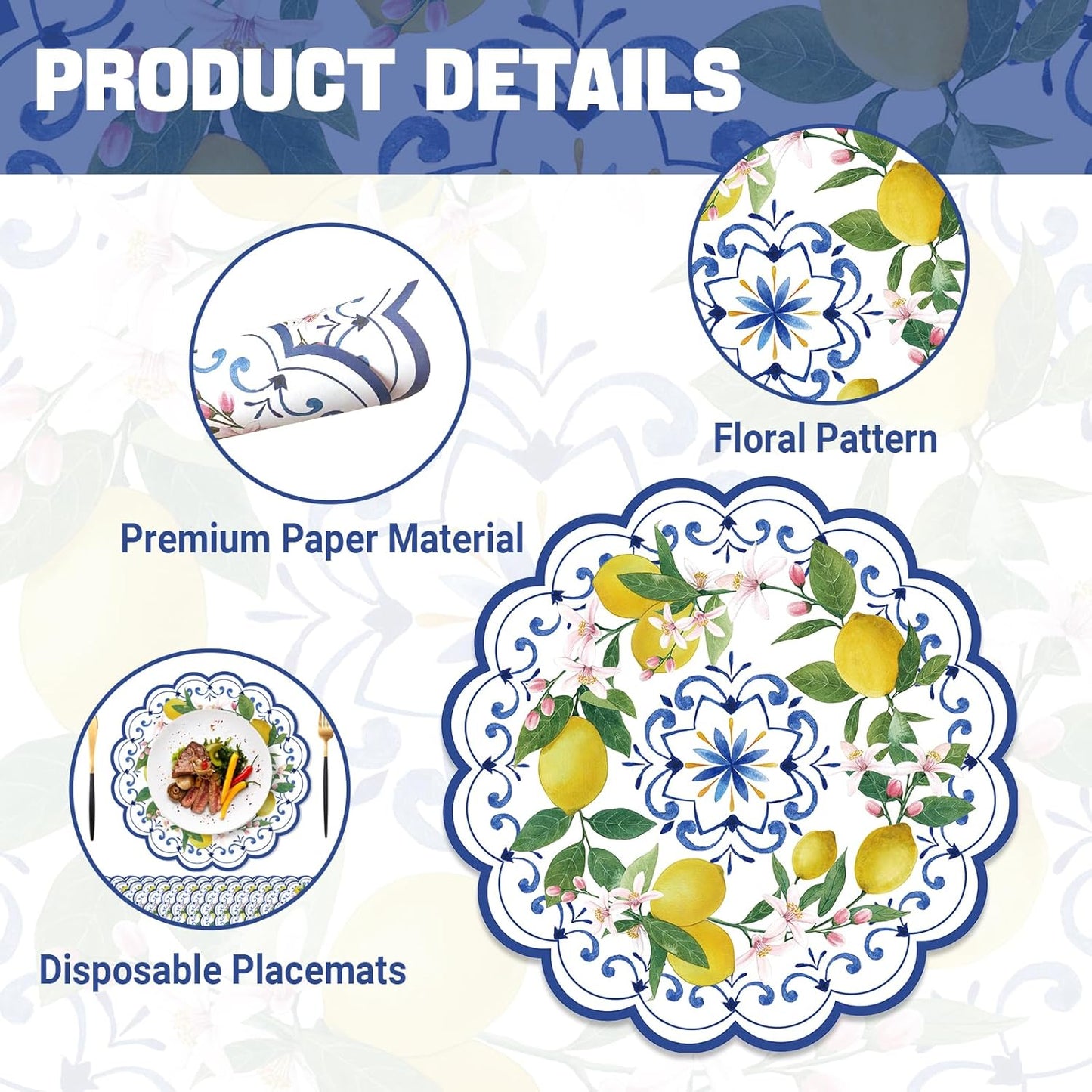 50PCS Lemon Paper Placemats Disposable,13.7 Inch Blue Chinoiserie Lemon Floral Placemat Round Place Mats Summer Table Mats for Home Kitchen Dinner Table Dining Party Decoration