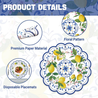 50PCS Lemon Paper Placemats Disposable,13.7 Inch Blue Chinoiserie Lemon Floral Placemat Round Place Mats Summer Table Mats for Home Kitchen Dinner Table Dining Party Decoration