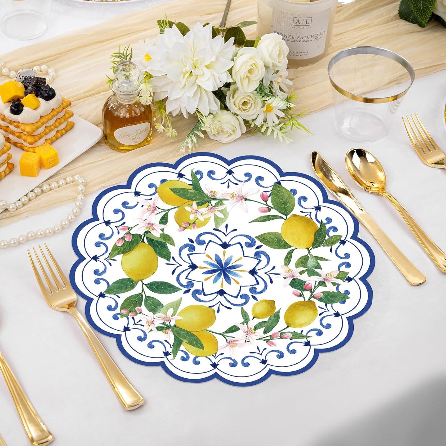 50PCS Lemon Paper Placemats Disposable,13.7 Inch Blue Chinoiserie Lemon Floral Placemat Round Place Mats Summer Table Mats for Home Kitchen Dinner Table Dining Party Decoration