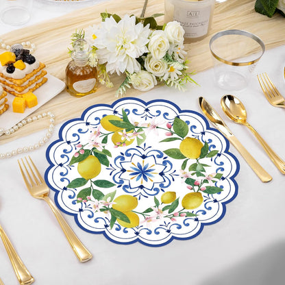 50PCS Lemon Paper Placemats Disposable,13.7 Inch Blue Chinoiserie Lemon Floral Placemat Round Place Mats Summer Table Mats for Home Kitchen Dinner Table Dining Party Decoration