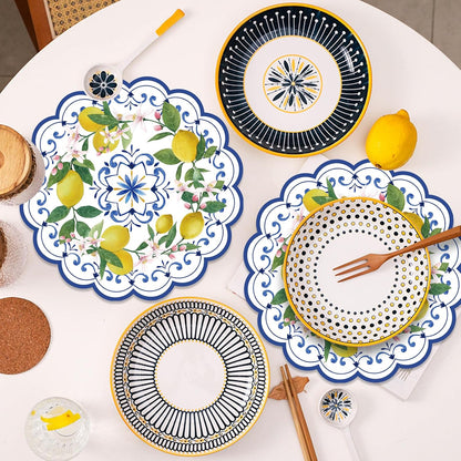 50PCS Lemon Paper Placemats Disposable,13.7 Inch Blue Chinoiserie Lemon Floral Placemat Round Place Mats Summer Table Mats for Home Kitchen Dinner Table Dining Party Decoration