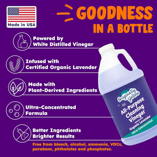 Lemon Vinegar For Cleaning Purpose | USA Made All Purpose Cleaner | Use as a Floor, Glass, Kitchen, & Bathroom Cleaner | Plant Derived Vinegar Half Gallon | 64 Oz