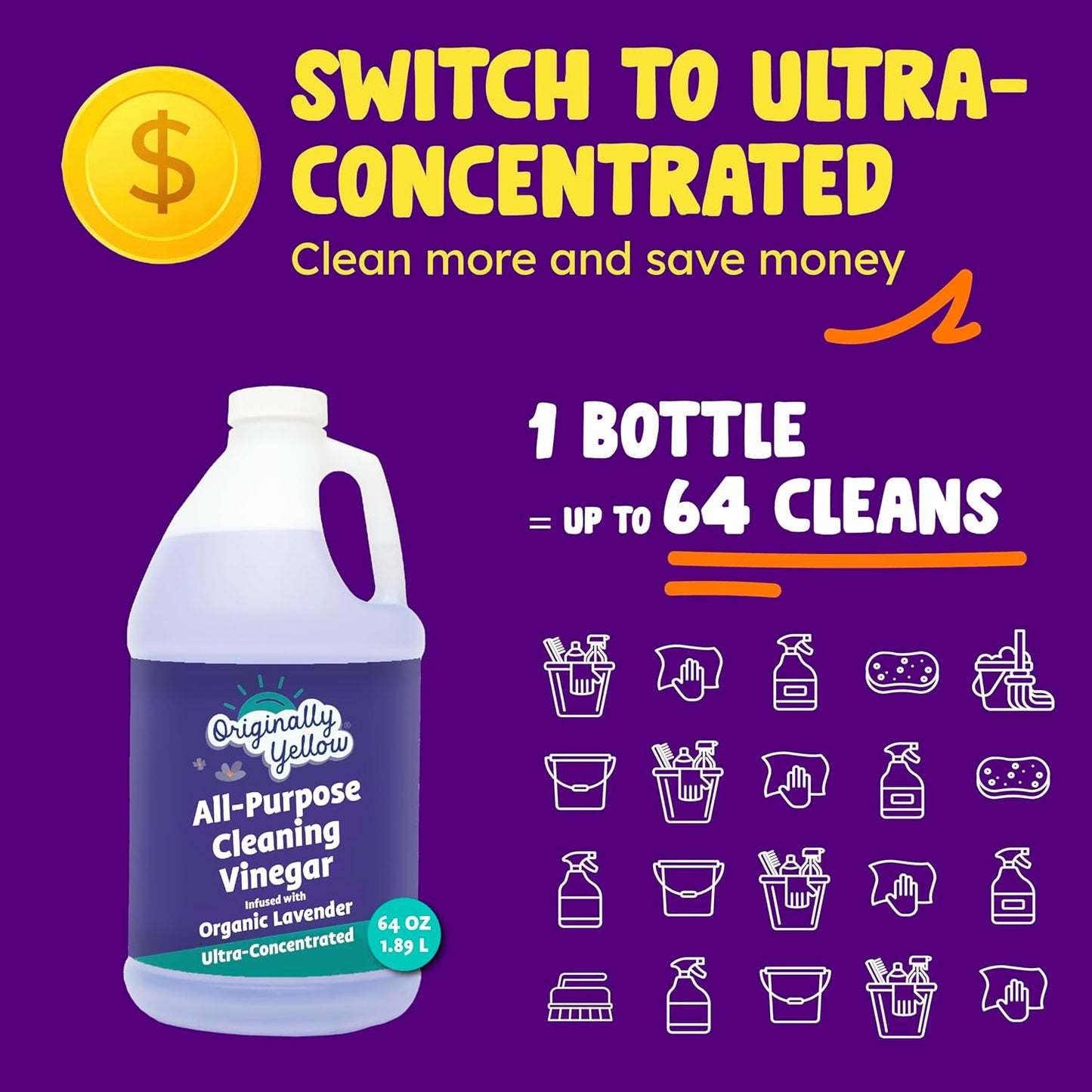 Lemon Vinegar For Cleaning Purpose | USA Made All Purpose Cleaner | Use as a Floor, Glass, Kitchen, & Bathroom Cleaner | Plant Derived Vinegar Half Gallon | 64 Oz