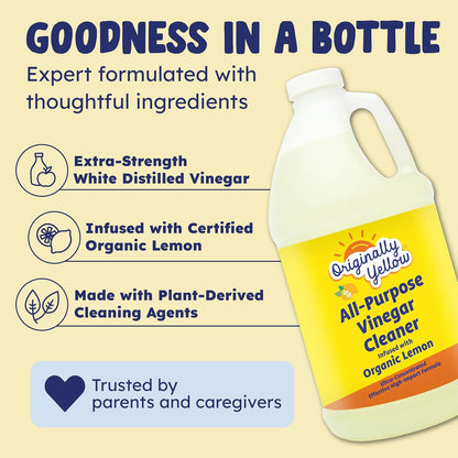 Lemon Vinegar For Cleaning Purpose | USA Made All Purpose Cleaner | Use as a Floor, Glass, Kitchen, & Bathroom Cleaner | Plant Derived Vinegar Half Gallon | 64 Oz