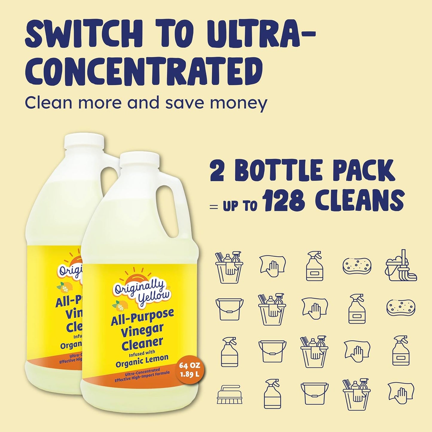 Lemon Vinegar For Cleaning Purpose | USA Made All Purpose Cleaner | Use as a Floor, Glass, Kitchen, & Bathroom Cleaner | Plant Derived Vinegar Half Gallon | 64 Oz