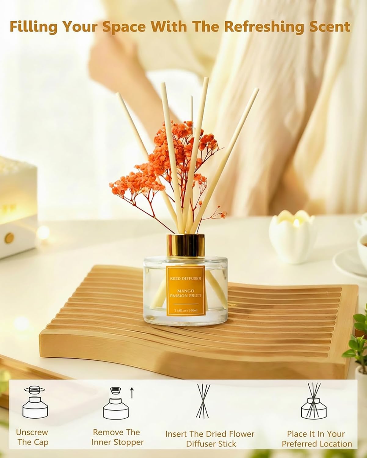 Reed Diffuser Set-Lemon Verbena Scent 3.38 fl oz,Scent Long | Fragrance Oil Diffuser with 6 Reed Sticks,Home & Bedroom Bathroom office Decor,(100ml),pretty appearance