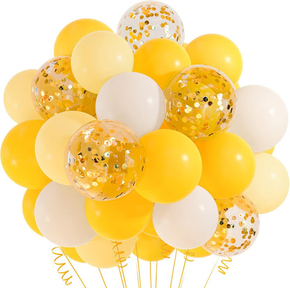 12 inches Yellow White Gold Confetti Balloons 60 Pack Pastel Yellow White Party Balloon for Sunflower Honeybee Theme Birthday Baby Shower Party Supplies