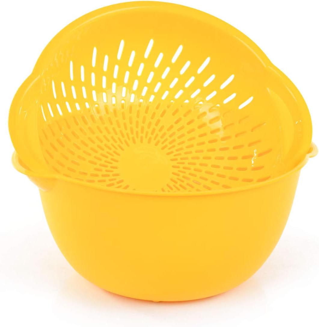 Home Mixing Bowl w/Colander (Large 4.5L, Yellow) - For Washing & Draining Fruits And Vegetables - Heavy Duty Plastic for Baking, Cooking Supplies - Dishwasher Safe